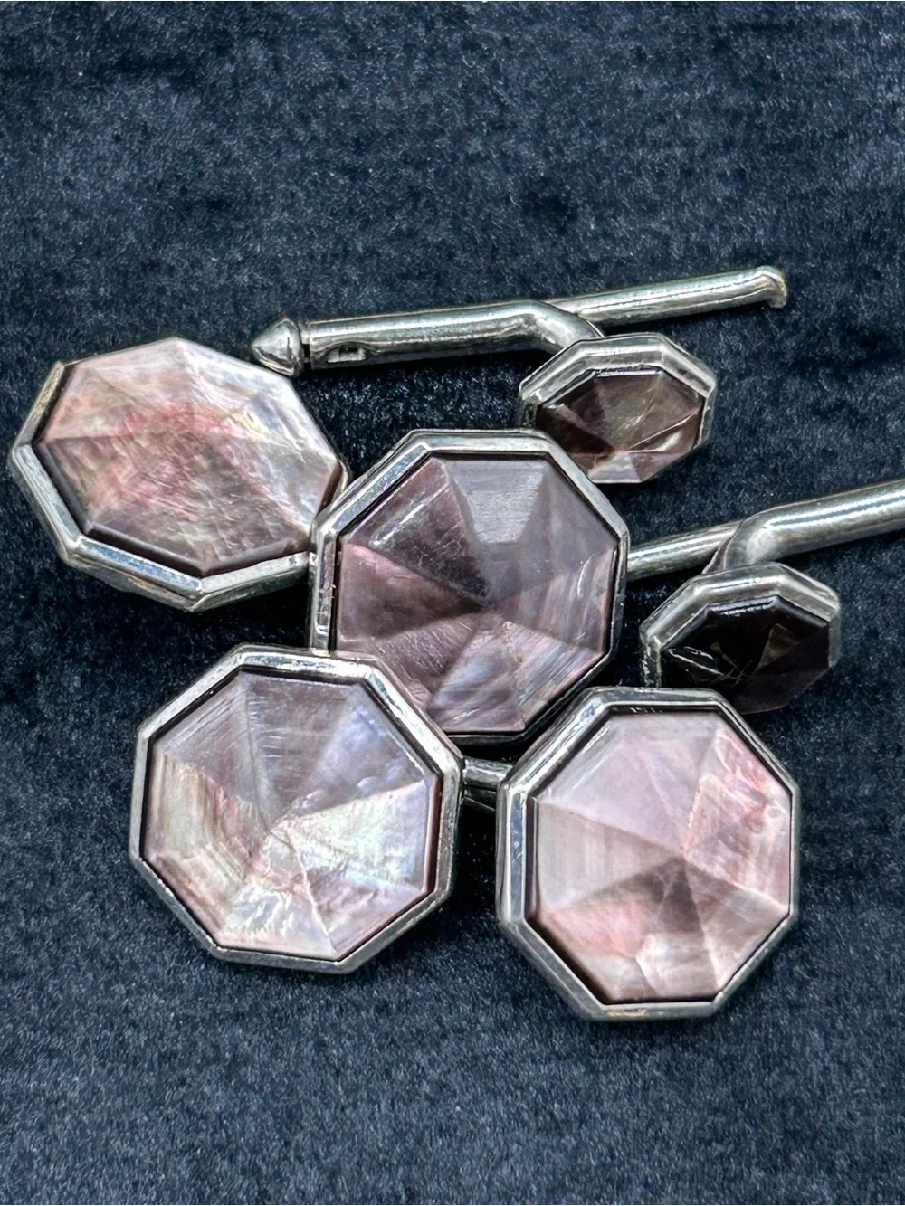 Art Deco Octagonal Mother-of-Pearl Cufflinks and Stud Set - Iridescent Pink